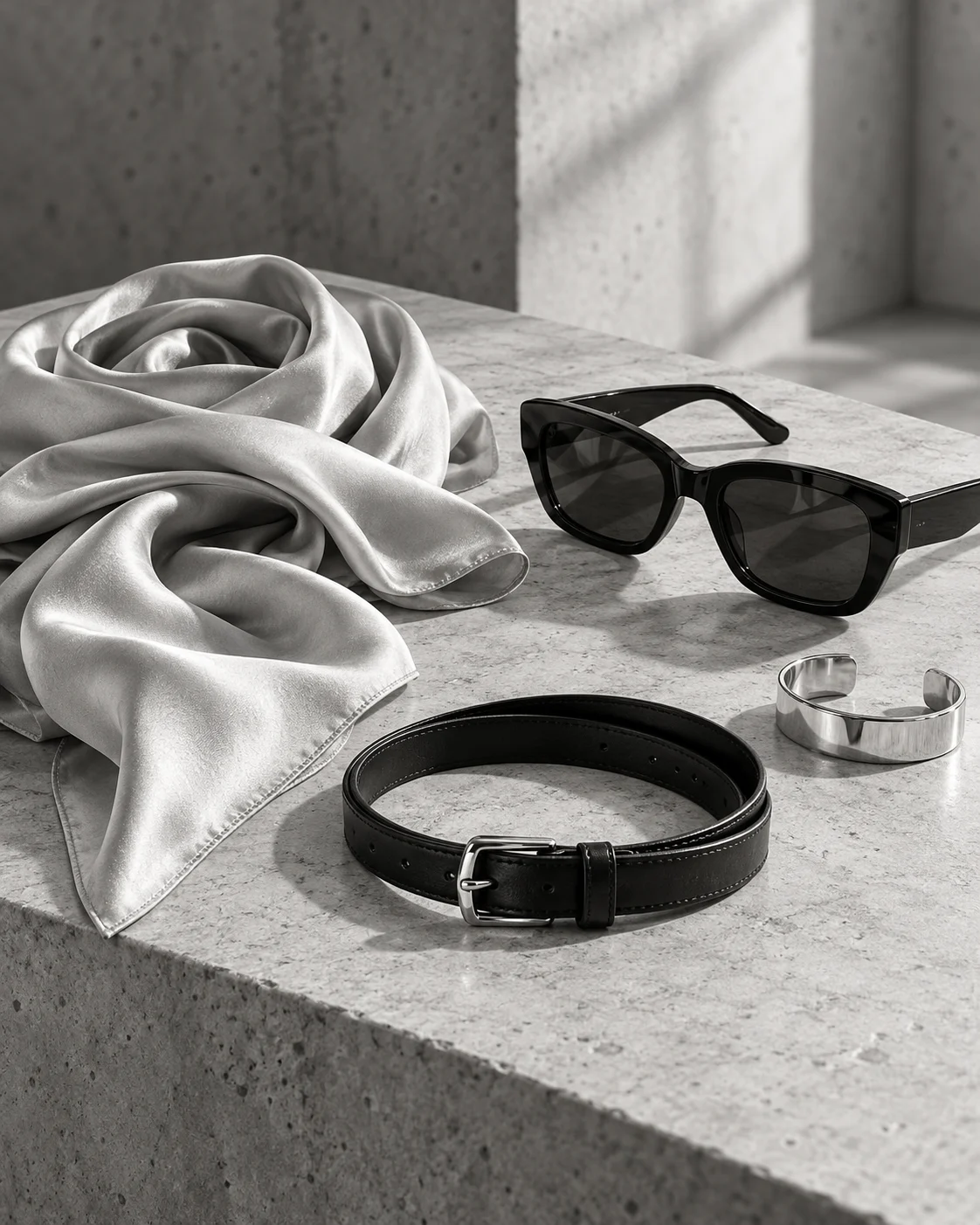 Silk scarf, sunglasses, leather belt and silver cuff