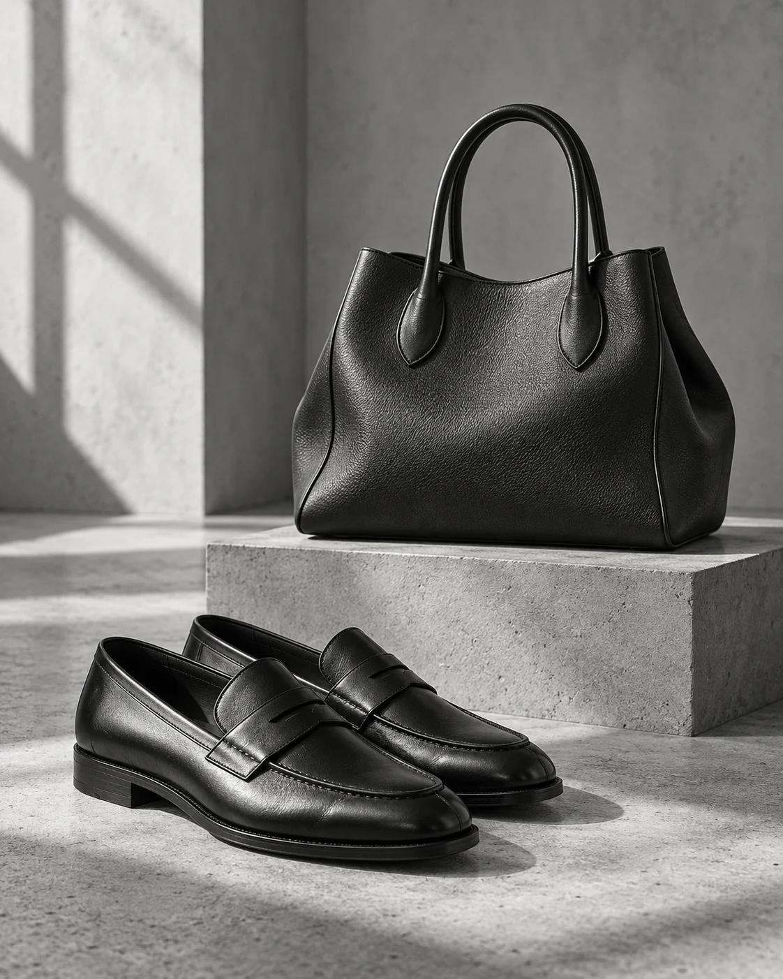 Black leather loafers and a structured handbag