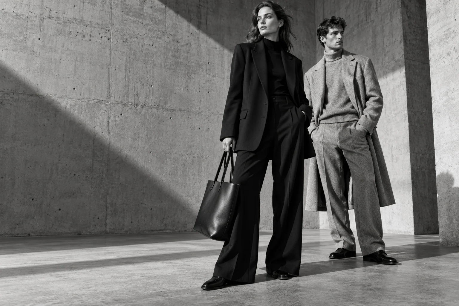 Black and white editorial of modern tailored apparel, a leather bag and footwear