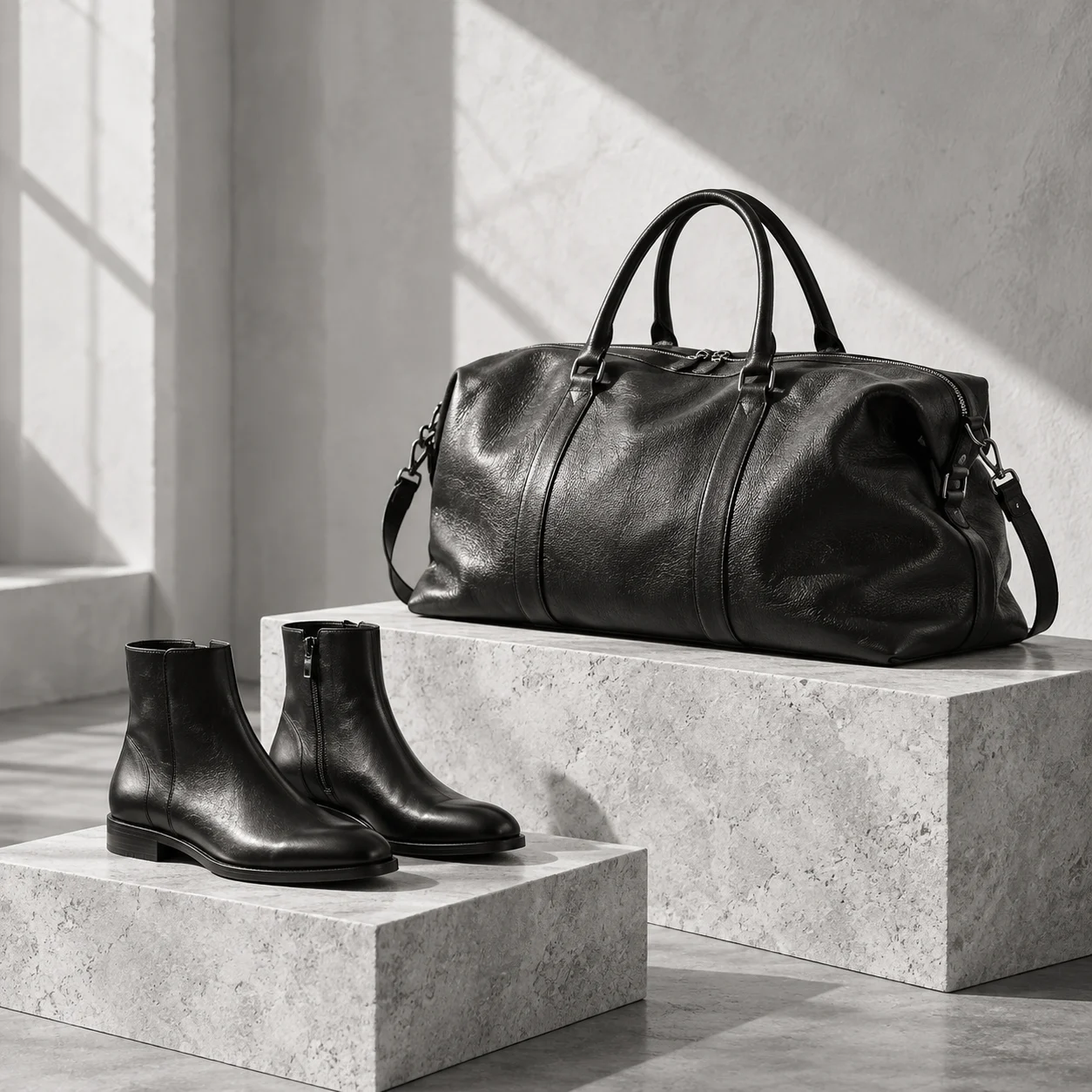 Black leather ankle boots and a leather weekend bag