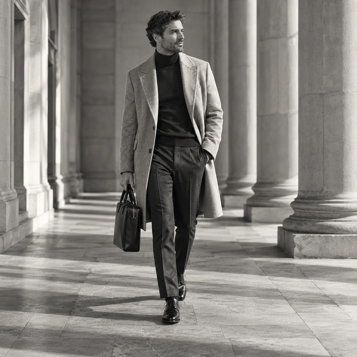 Man wearing a wool overcoat and carrying a leather briefcase