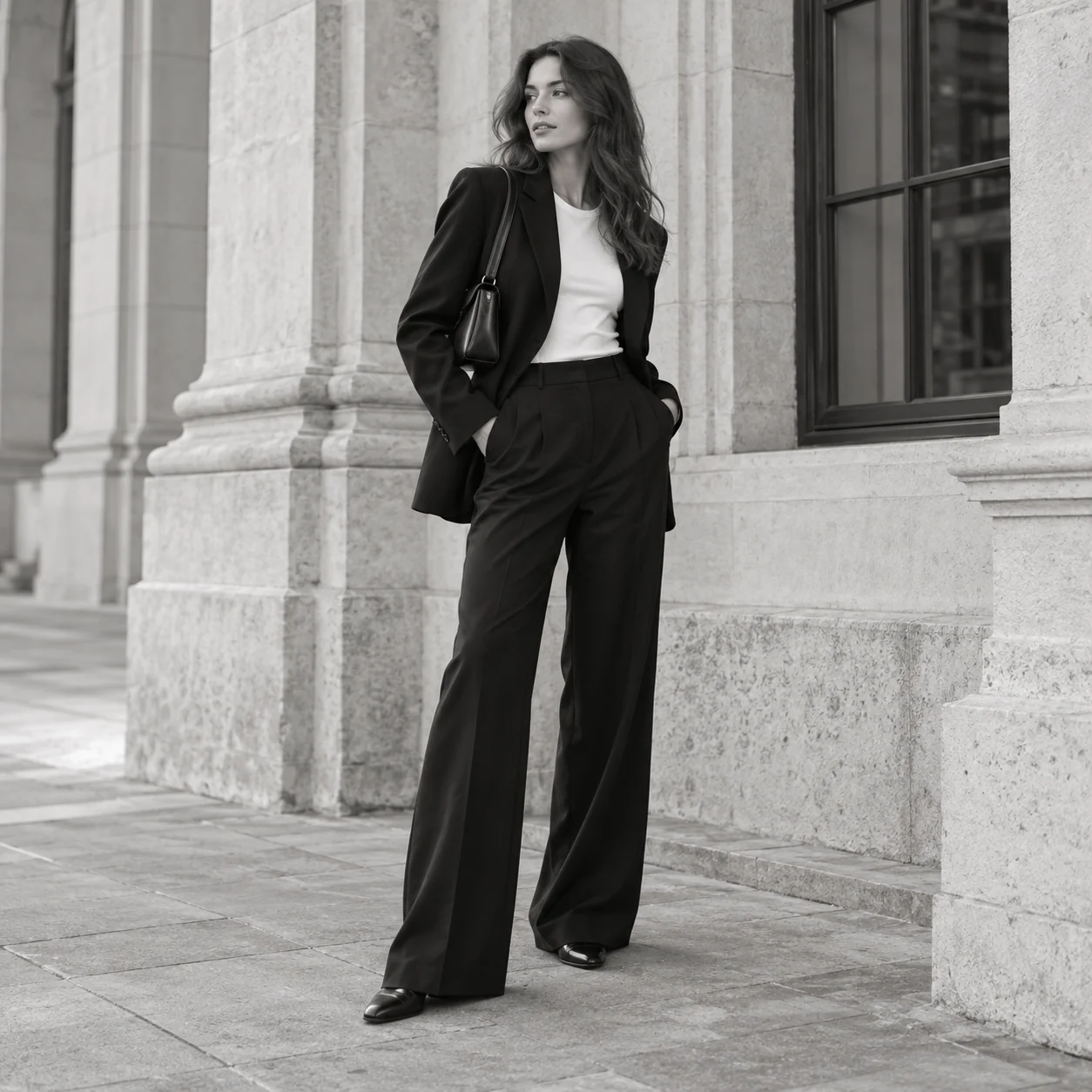 Woman wearing a tailored black suit with a leather shoulder bag